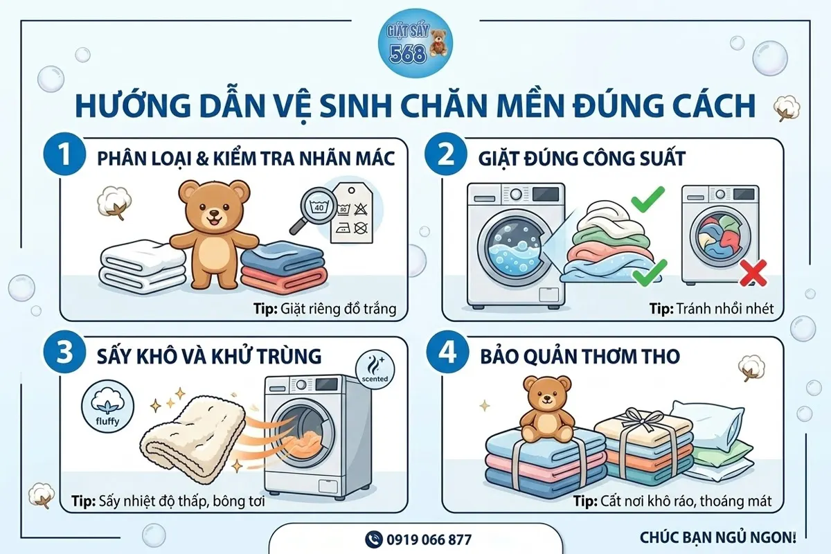 Infographic hướng dẫn 4 bước vệ sinh chăn mền đúng cách từ Giặt Sấy 568: Phân loại & kiểm tra nhãn mác, Giặt đúng công suất máy, Sấy khô khử trùng và Bảo quản thơm tho.