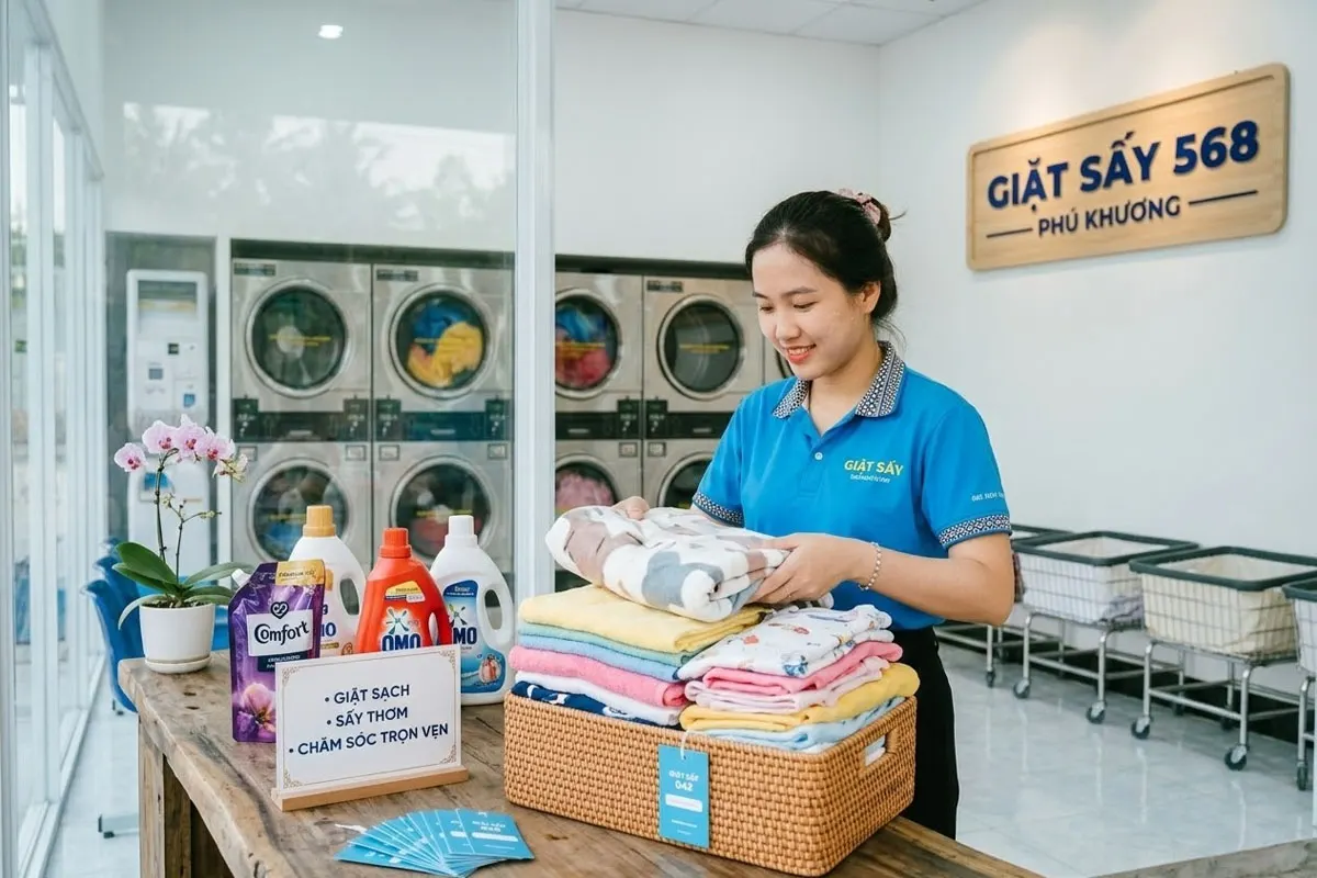 Quy trình gấp gọn quần áo sạch thơm tại tiệm Giặt Sấy 568 Phú Khương, Bến Tre.