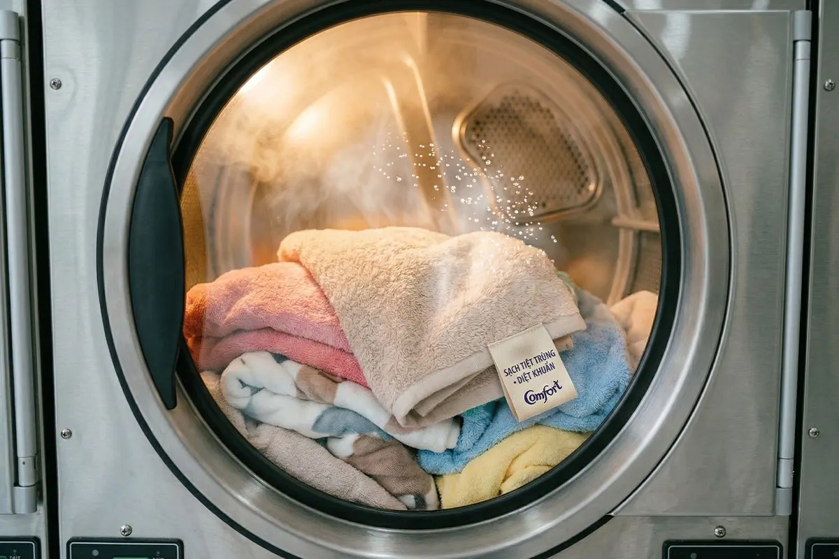 Công nghệ sấy hơi nhiệt độ cao giúp diệt khuẩn, làm tơi xốp quần áo tại Giặt Sấy 568 Bến Tre.